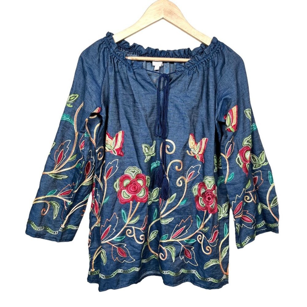 Sorrento Denim floral embroidered floral Y2K tunic sz S‎